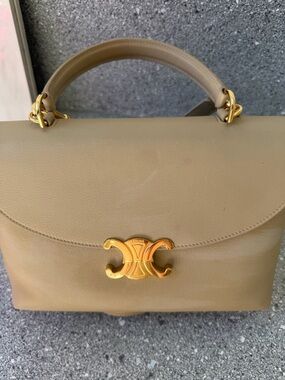 Celine Beige Top Handle Satchel with Gold Triomphe Clasp